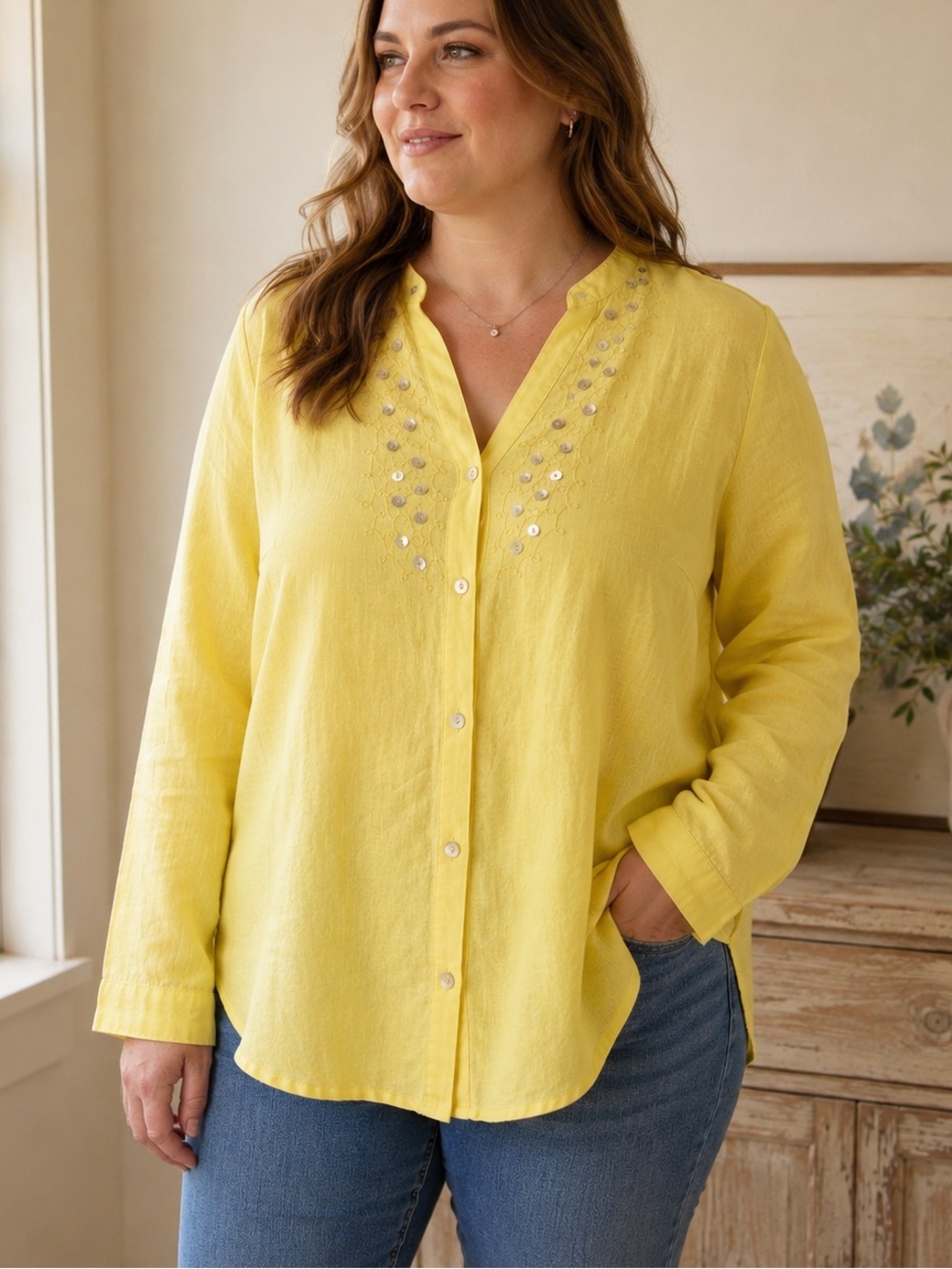 Ecologie Yellow Linen Embroidered Button Front Boho Top L